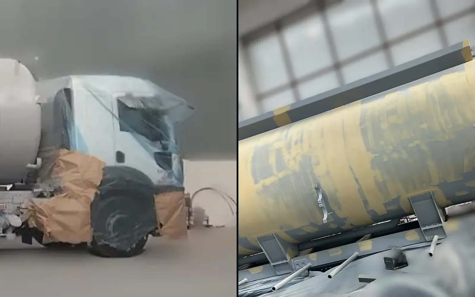 Maskelenmiş kamyon kabini ve macunlanarak yüzeyi düzeltilmiş tanker